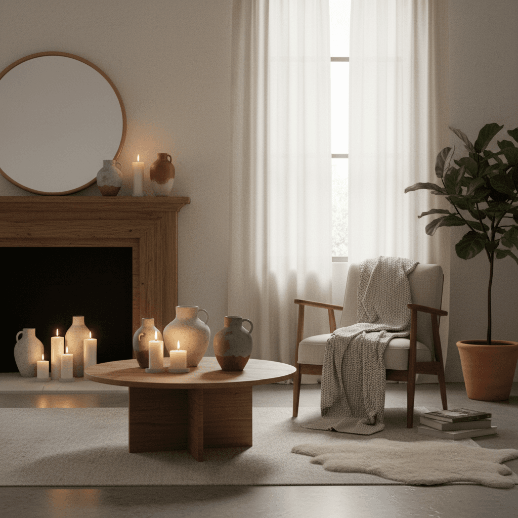Cozy home interior with ceramic vases, candles, and soft natural light