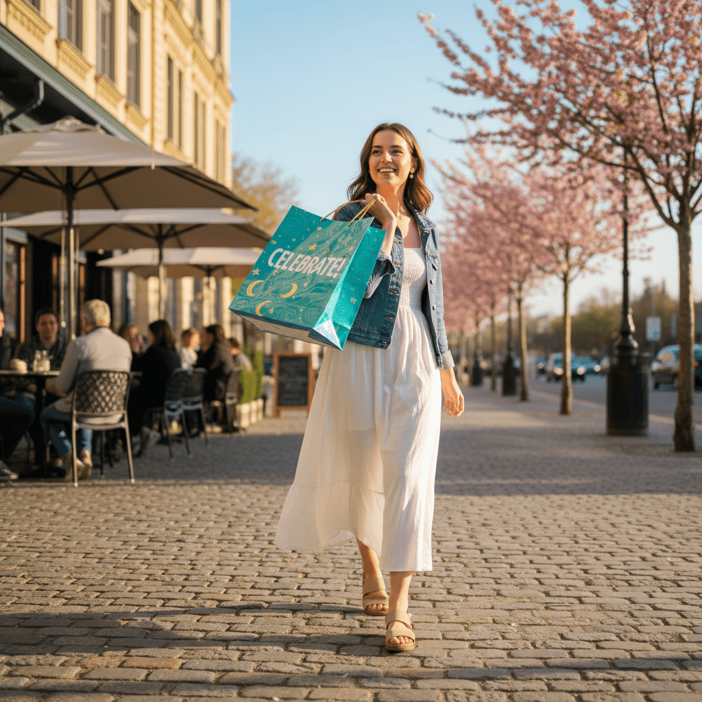 Person carrying a gift bag over their shoulder while walking outdoors on a bright day