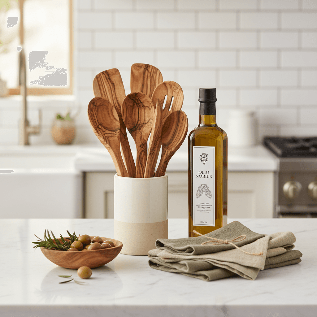 Elegant kitchen gifts with wooden utensils, olive oil, and linen napkins on a counter
