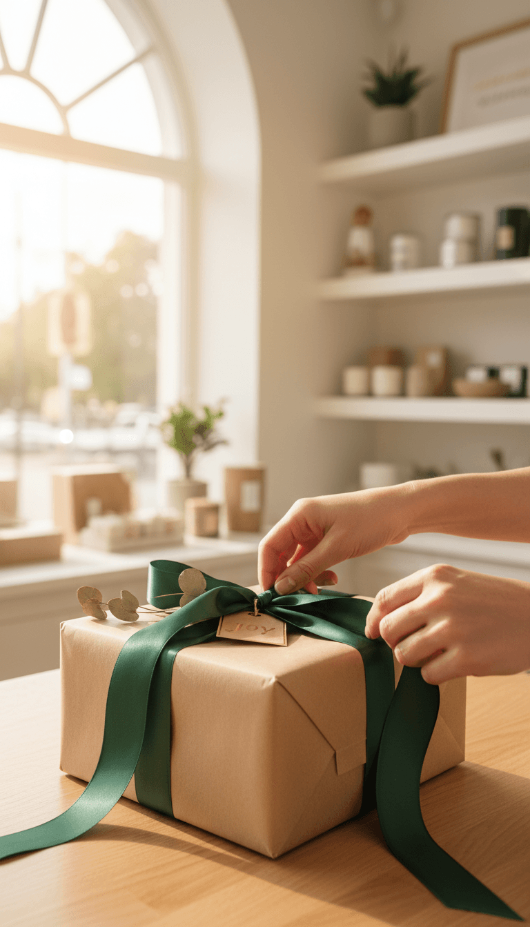 Hands wrapping a gift box with ribbon in a bright boutique