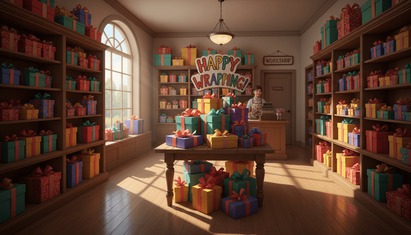A bright boutique display of wrapped gifts on wooden shelves, warm lighting