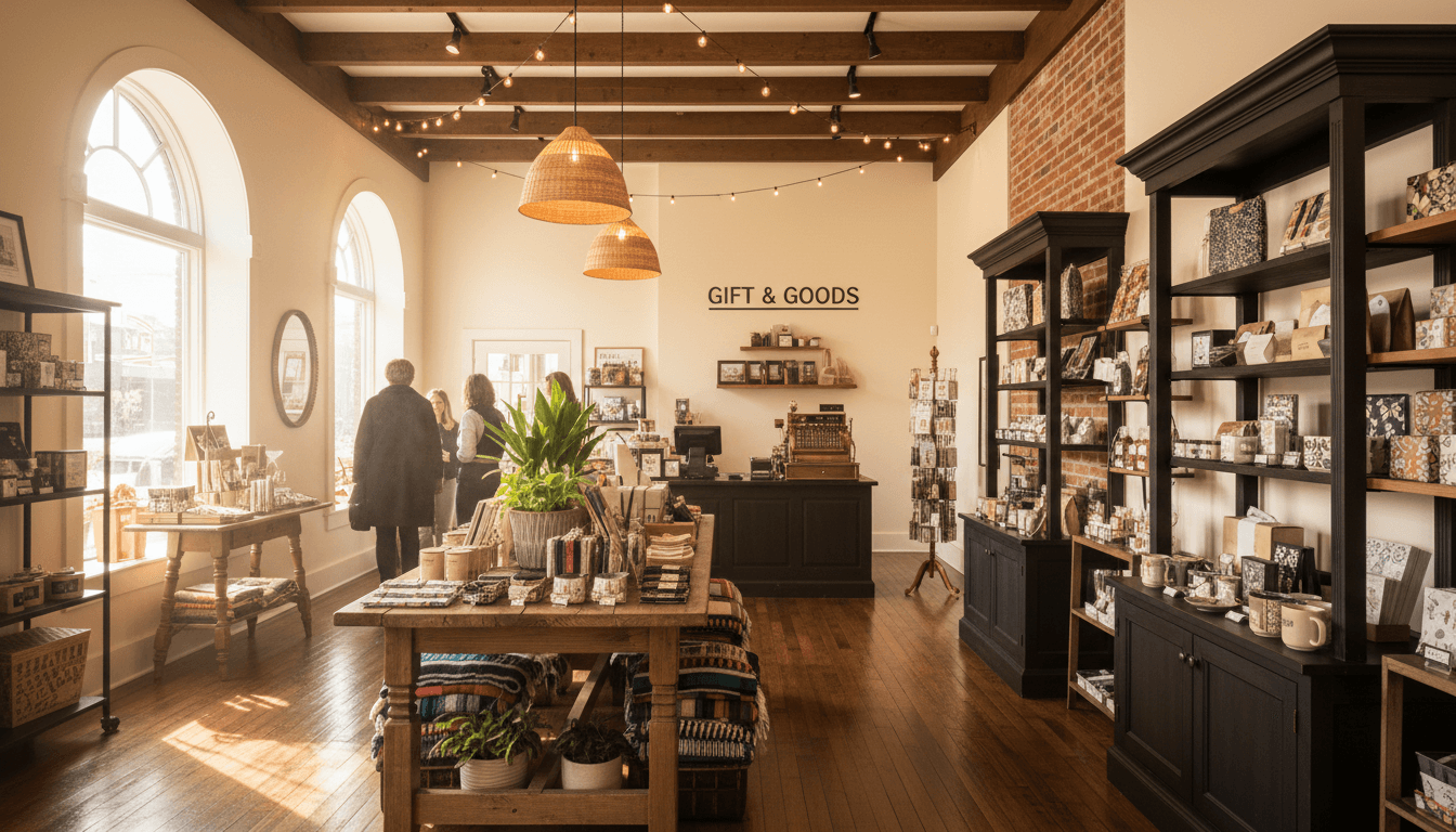 Cozy boutique interior with handpicked gifts on display