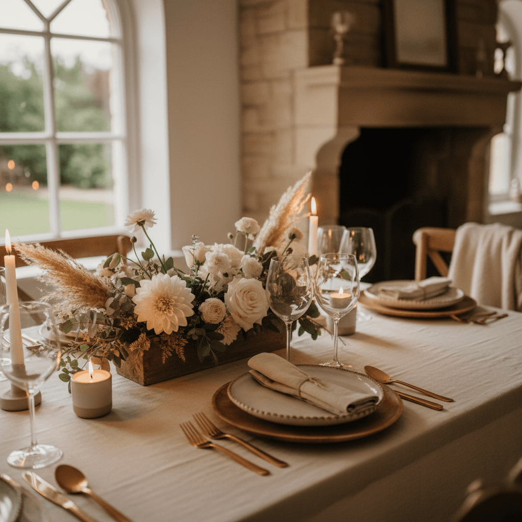 Beautifully set dinner table with neutral tones and fresh flowers in warm light