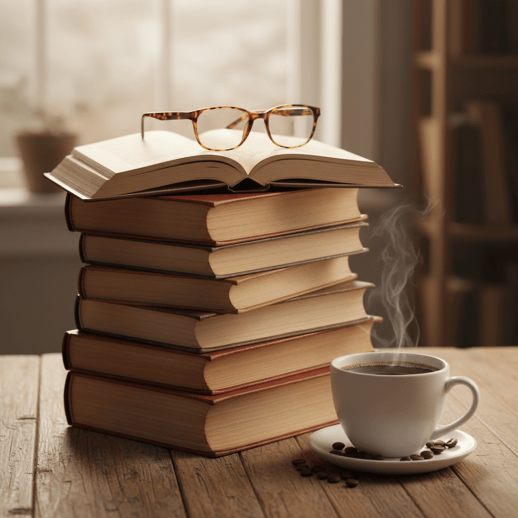 Stack of books with reading glasses and a cup of coffee on a wooden table