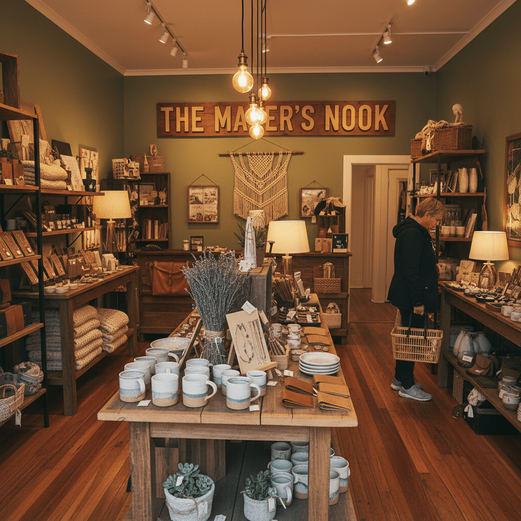 Handcrafted artisan goods displayed in a small local boutique shop with warm lighting