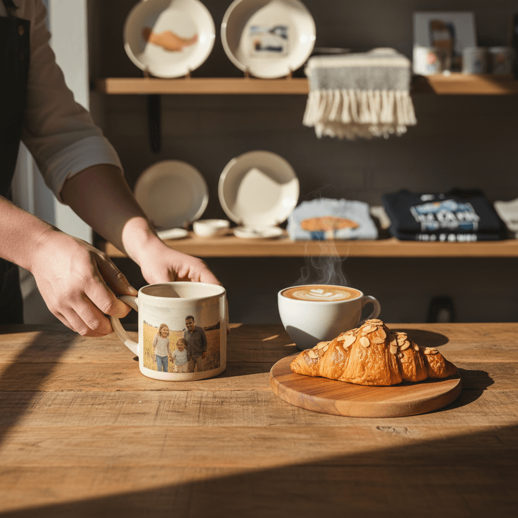 Gift set with coffee bag, honey jar, and ceramic mug on kitchen counter