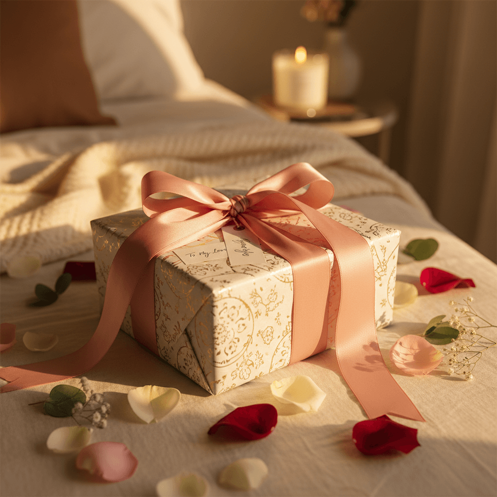 Gift boxes wrapped with ribbon on a boutique counter