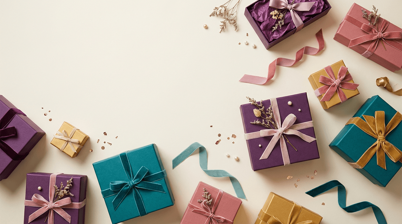 Beautifully wrapped gift box with ribbon on a table in a bright, cozy shop