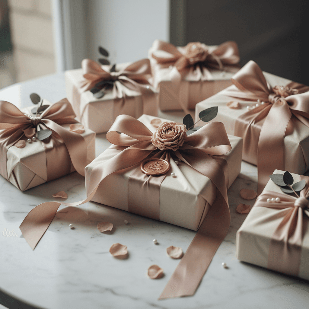 Elegant gift boxes wrapped with ribbon on a wooden table
