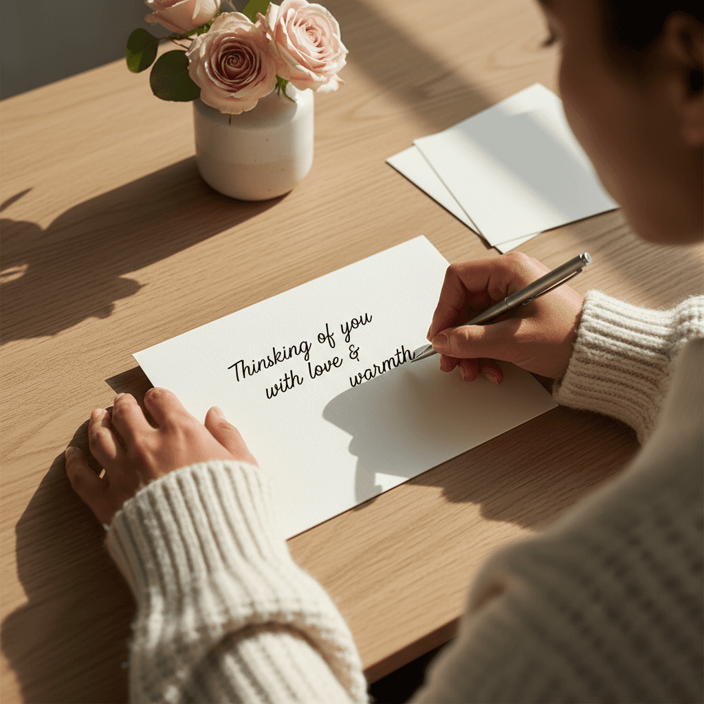 Person writing a personal note beside a wrapped gift box on a wooden table