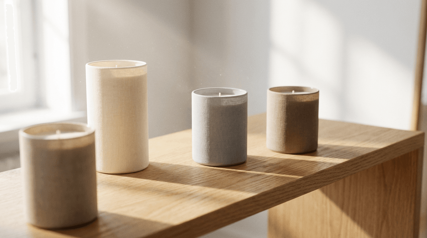 Elegant gift box with candles and minimalist decor on linen cloth