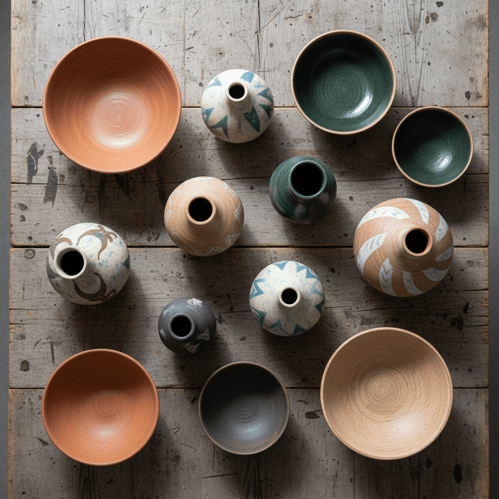 Artisan gift collection with ceramics and handmade goods in bright shop