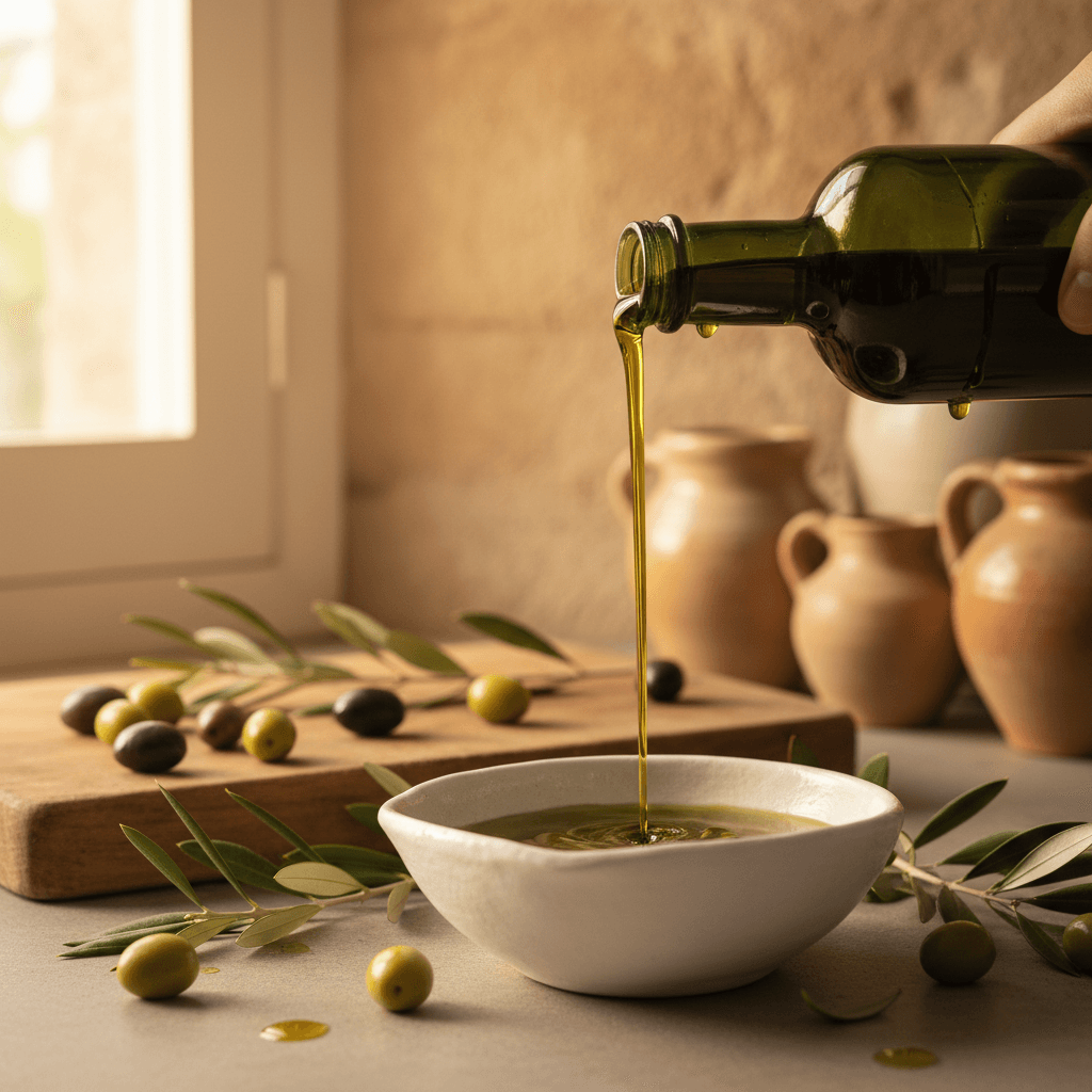 Basket of olive oil, spices, and bread with Mediterranean kitchen background