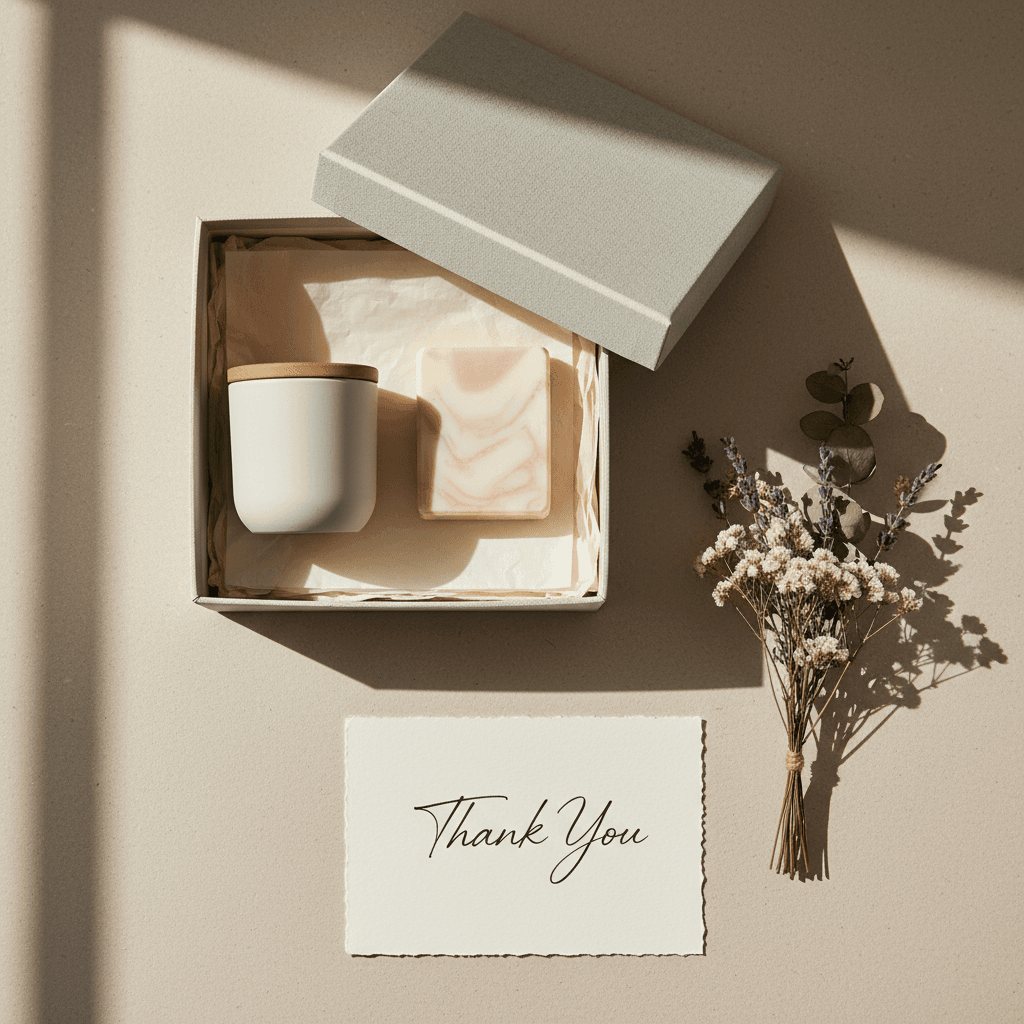 Gift box with lavender, soaps, and local artisan goods on rustic wooden table