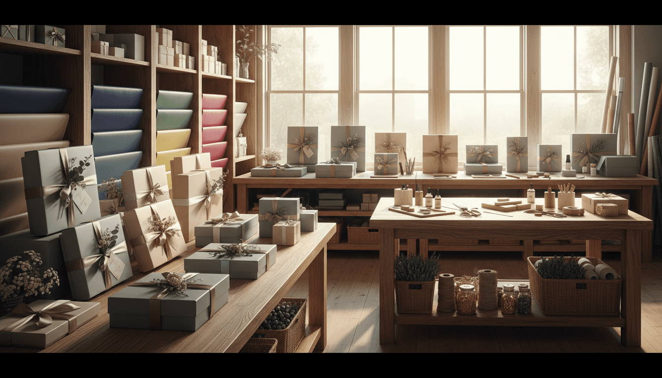 Gift wrapping station with paper rolls and ribbon in a cozy workshop