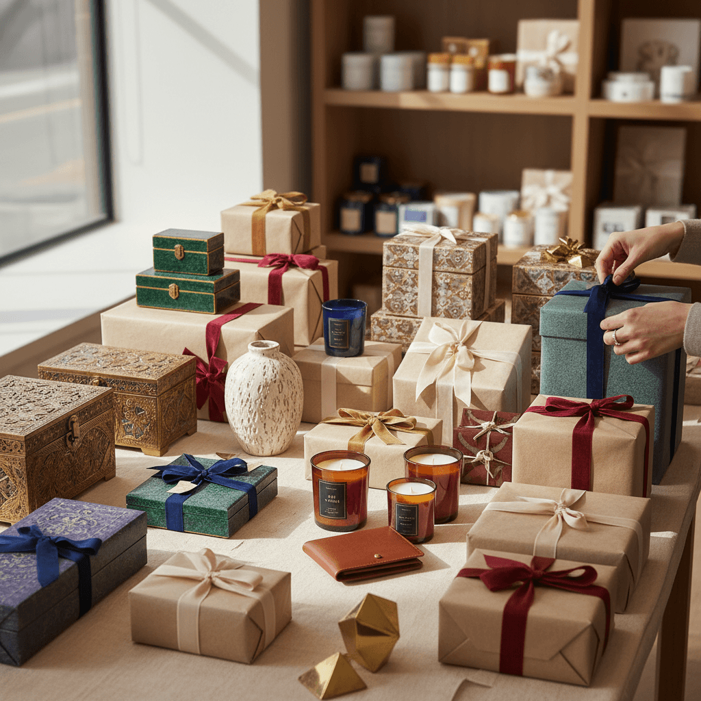 Neatly stacked wrapped gifts in assorted colors on a table