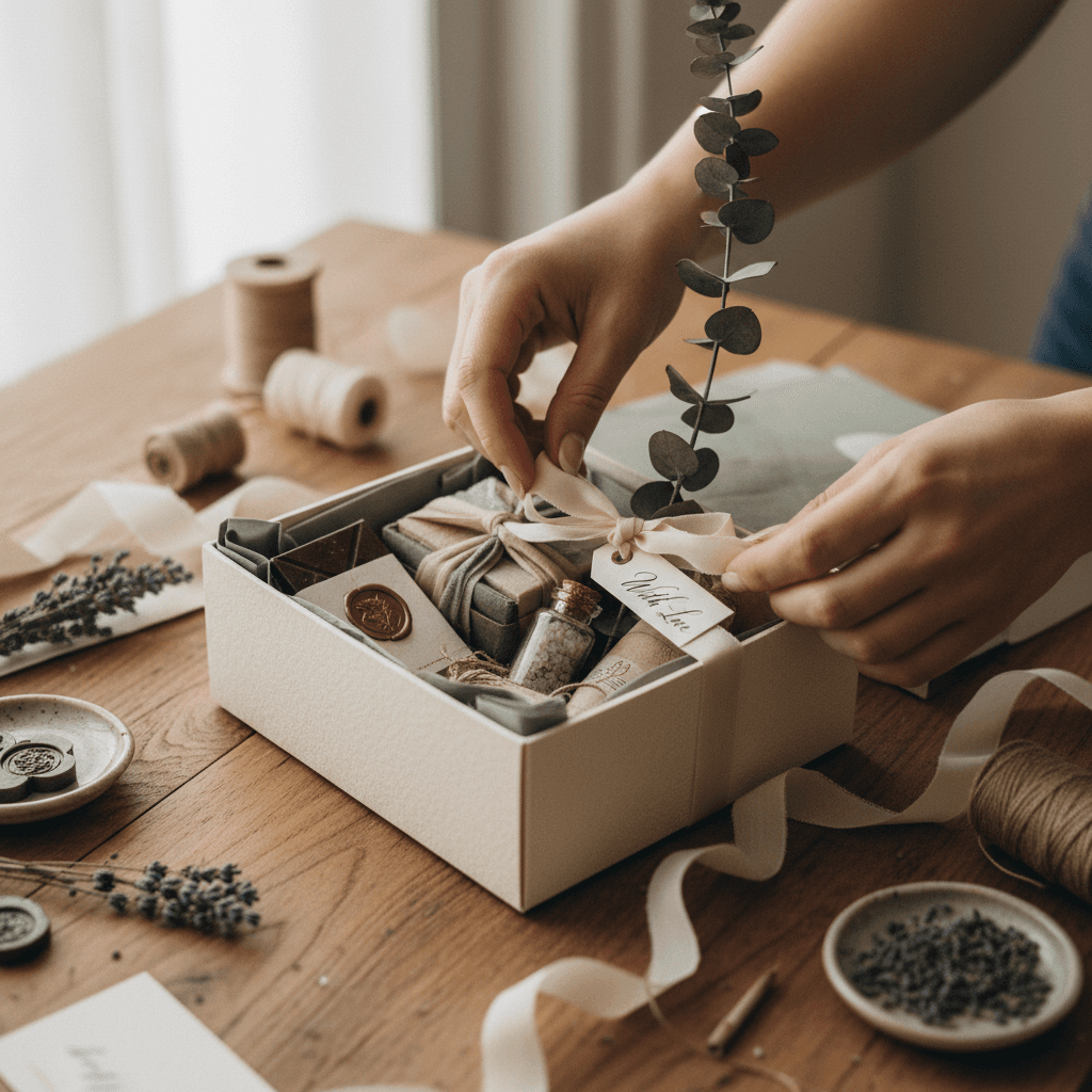 Gift wrapping supplies with ribbon on a wooden table