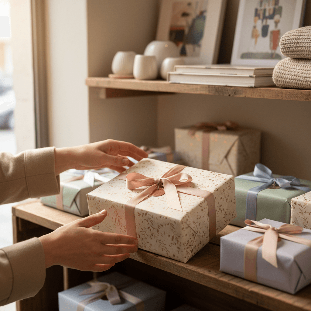 Hands choosing a gift from a shelf in a warm, bright shop